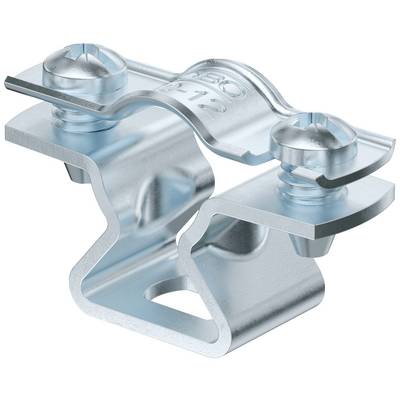 Metallverbinder in silberner Farbe mit zwei Schrauben, gestaltet für strukturelle Befestigungen. Er ist aus robustem Material gefertigt.