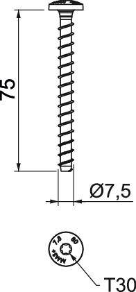 'Schraube mit Senkkopf, Länge 75 mm, Durchmesser 7,5 mm. Zugelassene Verbindungen sichtbar auf Kopf mit Torx T30 Antrieb.'