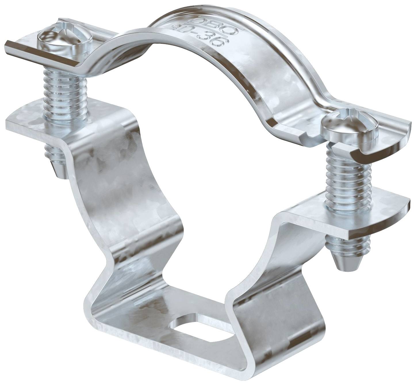 Metallklemme mit Schrauben, geeignet zur Befestigung von Rohren. Sie besteht aus einem gebogenen Metallband und zwei Gewindebolzen.