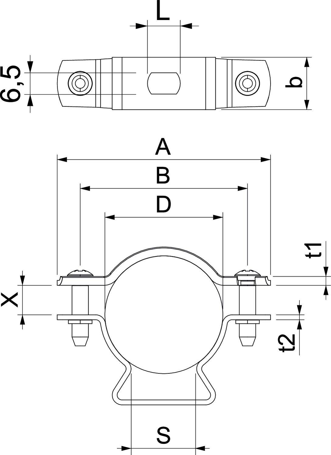 Technische Zeichnung eines Rohrschellenhalters. Zeigt verschiedene Perspektiven mit Maßangaben für L, b, A, B, D, t1, t2, X und S.