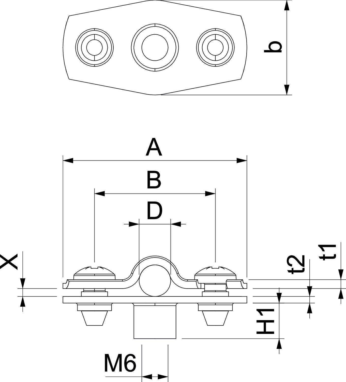 Technische Zeichnung eines Kabelklemmen-Sattels. Zeigt Front- und Seitenansicht mit Maßen A, B, D, X, H1, t1, t2 und M6.