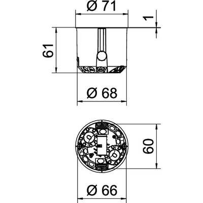 Technische Zeichnung einer runden Installationsdose mit Maßen: Durchmesser oben 71 mm, Durchmesser unten 68 mm, Höhe 61 mm. Ansicht von der Seite und von oben.