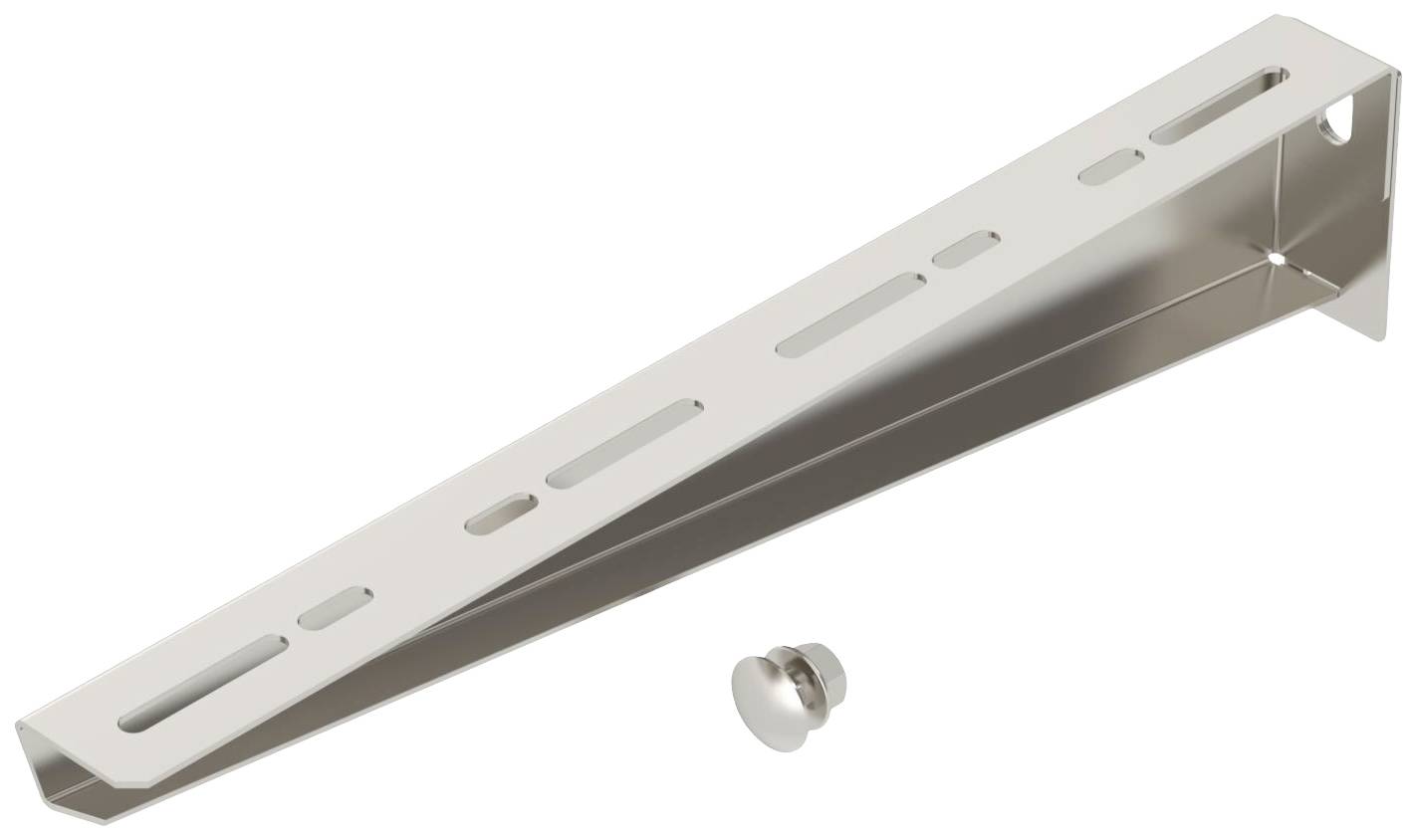 Metallwinkelhalterung mit Schlitzen zur flexiblen Befestigung, zusammen mit einer Schraube. Geeignet für Regal- oder Möbelmontage.