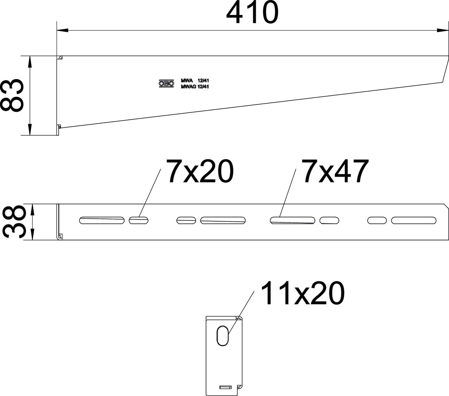 Technische Zeichnung eines Metallwinkels mit den Maßen 410 mm Länge und 83 mm Höhe. Zeigt die Position und Größe der Befestigungslöcher.