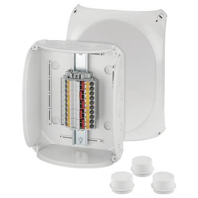Ein offenes, weißes elektrisches Anschlussgehäuse mit einer Reihe von Klemmen und mehreren weißen Verschlusskappen daneben.