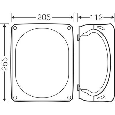 Technische Zeichnung eines rechteckigen Gehäuses. Maße: 205 mm Breite, 255 mm Höhe, 112 mm Tiefe. Gehäuse mit abgerundeten Ecken.