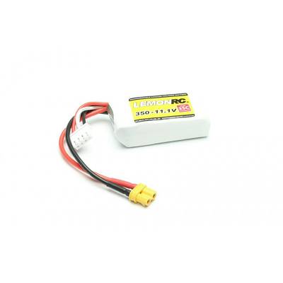 Ein weißer Lithium-Polymer-Akku mit der Aufschrift 'LEMON RC, 350 - 11.1V, 3S1P', mit roten und schwarzen Kabeln.