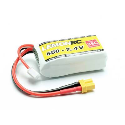LiPo-Akku mit Aufschrift 'LemonRC, 650 - 7.4V, 35C'. Zwei angeschlossene Kabel mit Stecker.