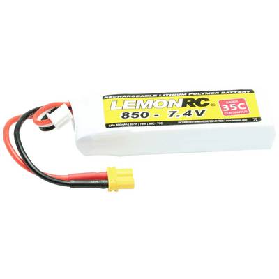 Ein Lithium-Polymer-Akku mit der Aufschrift 'LEMONRC 850 - 7.4V', gelbem Anschlussstecker und roten sowie schwarzen Kabeln.