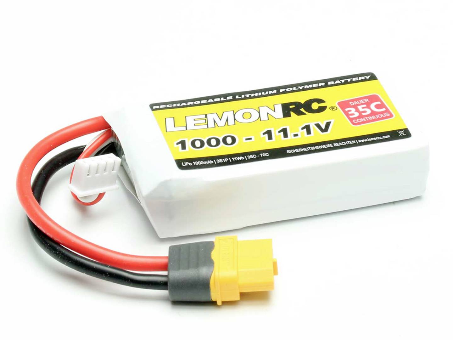 Lithium-Polymer-Akku mit gelbem Stecker und zwei Kabeln. Aufdruck: 'LemonRC 1000 - 11.1V 35C Dauerstrom'. Geeignet für RC-Geräte.
