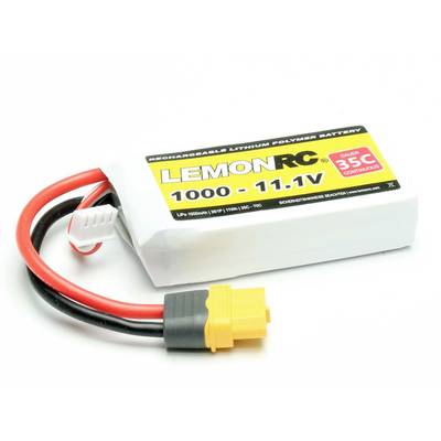 Lithium-Polymer-Akku mit gelbem Stecker und zwei Kabeln. Aufdruck: 'LemonRC 1000 - 11.1V 35C Dauerstrom'. Geeignet für RC-Geräte.