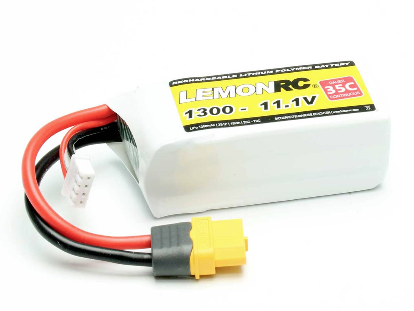 Ein Lithium-Polymer-Akku von LemonRC mit einer Kapazität von 1300mAh und 11,1V. Der Akku hat rote und schwarze Anschlusskabel.