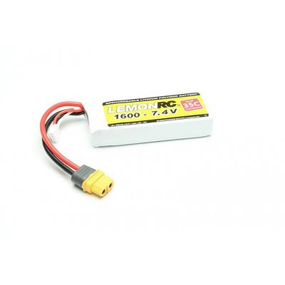 Ein Lithium-Polymer-Akku mit der Aufschrift 'LemonRC 1600 - 7,4 V 35C'. Der Akku hat rote und schwarze Anschlusskabel.