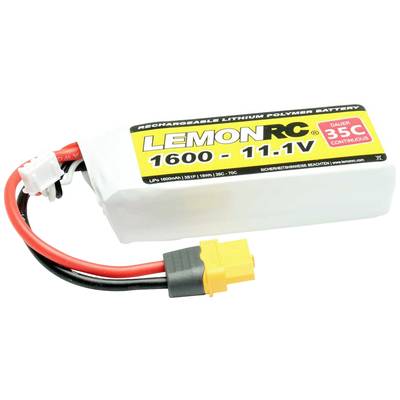 LiPo-Akku-Packung der Marke LemonRC, 1600 mAh, 11,1 V, Dauerbelastung von 35C, mit roten und schwarzen Kabeln und einem gelben Stecker.