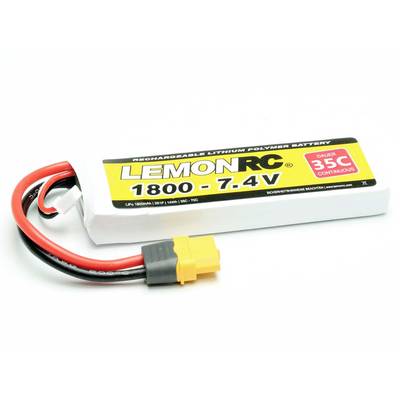 Eine weiße Lithium-Polymer-Batterie von LemonRC mit gelbem Anschluss. Aufschrift: '1800 - 7.4V - Dauer 35C Continuous'.