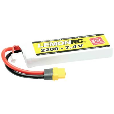Lithium-Polymer-Akku von 'LemonRC', 2200 mAh, 7,4V, mit 35C Entladestrom, weißes Gehäuse, rote und schwarze Kabel mit gelbem Anschluss.