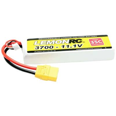 Ein rechteckiger Lithium-Polymer-Akku von LemonRC, 3700 mAh, 11,1 V, mit gelbem Anschluss und roten/schwarzen Kabeln.