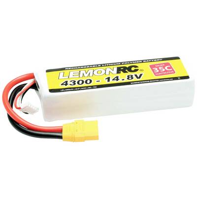 Lithium-Polymer-Akku mit 4300mAh und 14,8V, gelb-schwarz-weißes Gehäuse, rote und schwarze Kabel mit gelbem Steckverbinder.
