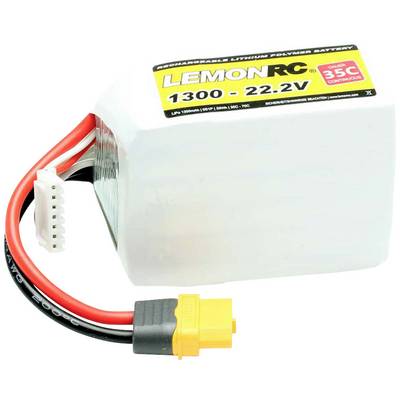 'Lithium-Polymer-Akku LemonRC 1300-22.2V, 35C, weißes Gehäuse, mit roten und schwarzen Anschlusskabeln und gelbem Stecker.'