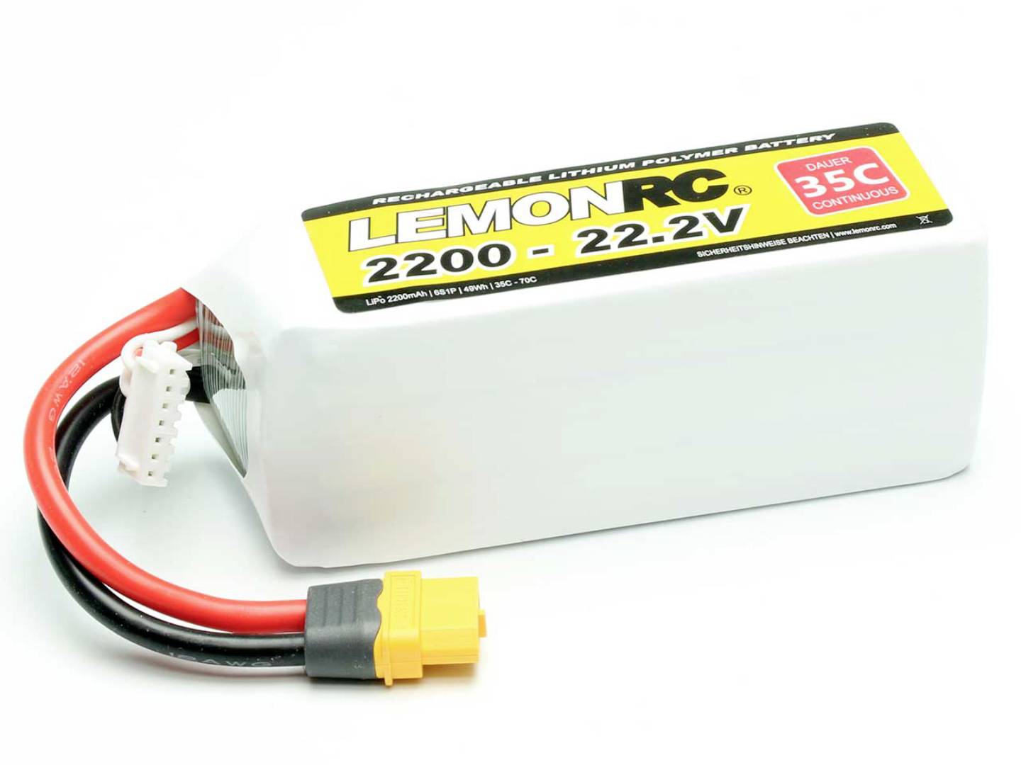 Ein weißer Lithium-Polymer-Akku von 'Lemon RC', 2200 mAh, 22,2V, mit gelbem Stecker und roten Kabeln, geeignet für RC-Modelle.