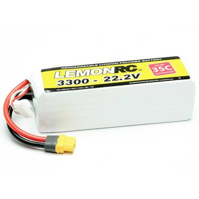 Rechteckiger Lithium-Polymer-Akku mit der Bezeichnung 'LemonRC 3300 - 22.2V', gelbem Anschlussstecker und roten Kabeln.