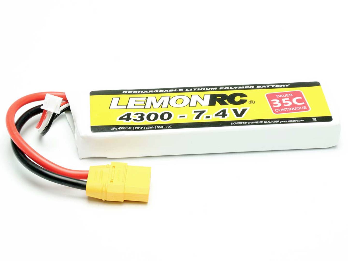 Lithium-Polymer-Akku 'LEMONRC 4300 - 7.4V' mit roten, schwarzen und gelben Anschlüssen, geeignet für Geräte mit 35C-Kapazität.