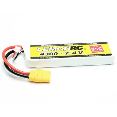 Lithium-Polymer-Akku 'LEMONRC 4300 - 7.4V' mit roten, schwarzen und gelben Anschlüssen, geeignet für Geräte mit 35C-Kapazität.