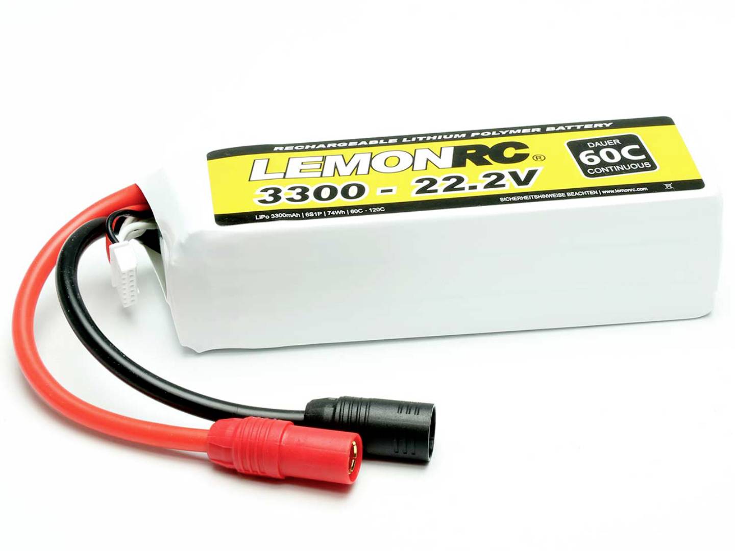 Lithium-Polymer-Akku, 'LEMONRC', Kapazität 3300mAh, Spannung 22,2V, Entladerate 60C, mit roten und schwarzen Anschlusskabeln.