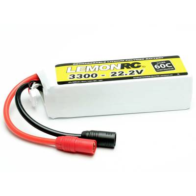 Lithium-Polymer-Akku, 'LEMONRC', Kapazität 3300mAh, Spannung 22,2V, Entladerate 60C, mit roten und schwarzen Anschlusskabeln.