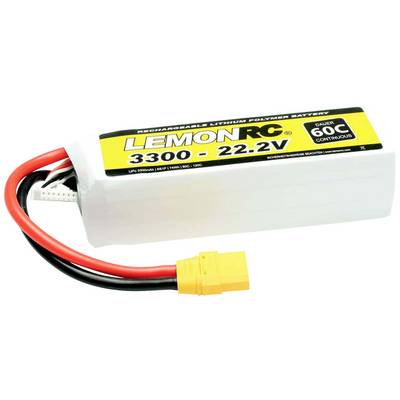 Ein weißer Lithium-Polymer-Akku mit Aufschrift 'Lemon RC 3300-22.2V 60C'. Rote und schwarze Kabel enden in einem gelben Stecker.