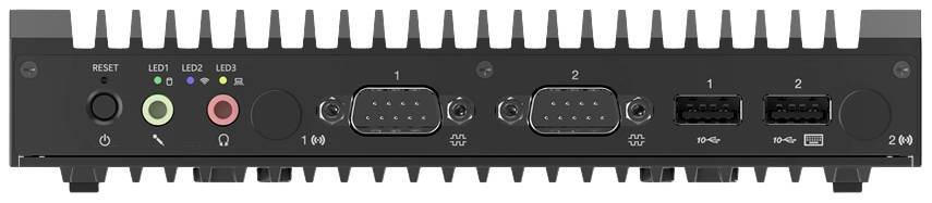 Ein schwarzes elektronisches Gerät mit mehreren Anschlüssen, darunter Stromanschluss, serielle Ports, USB-Ports und LED-Anzeigen.