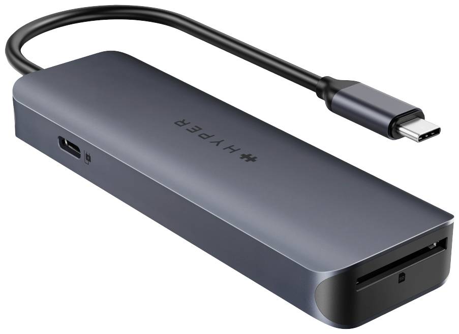 Ein USB-C-Hub mit mehreren Anschlüssen, einschließlich eines Kartenlesers und USB-Anschlüssen. Ideal für Anschluss von Peripheriegeräten.