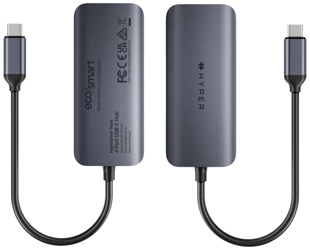 Zwei USB-C-Hubs in Schwarz mit der Aufschrift 'eco smart' und 'HYPER', jeweils mit einem kurzen Kabel an einem Ende.