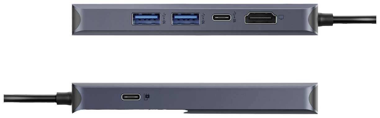 Zwei Ansichten eines USB-C-Hubs mit zwei USB-3.0-Ports, einem USB-C-Port und einem HDMI-Port.