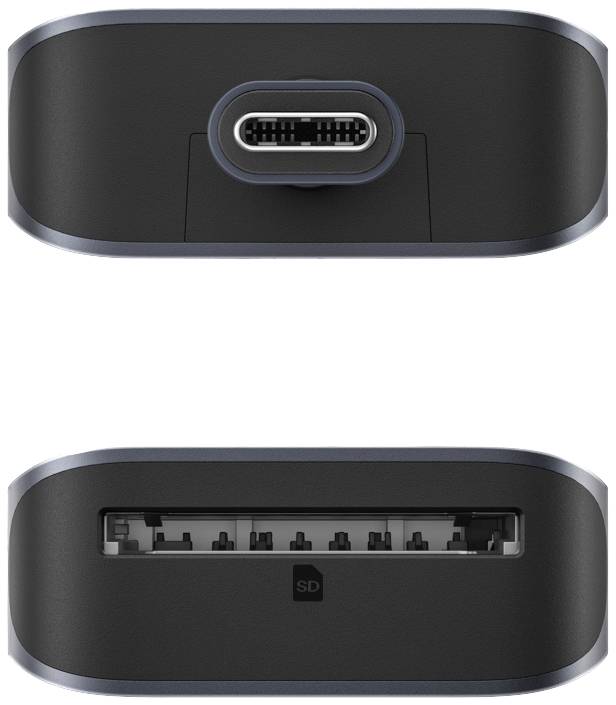 Ein Adapter mit USB-C-Anschluss oben und einem SD-Kartensteckplatz unten. Ideal zum Verbinden und Übertragen von Daten.