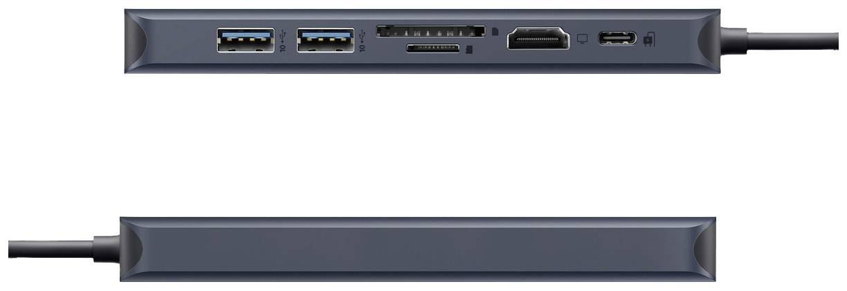 Ein grauer Multiport-Adapter mit verschiedenen Anschlüssen, darunter USB, HDMI und Kartenleser.