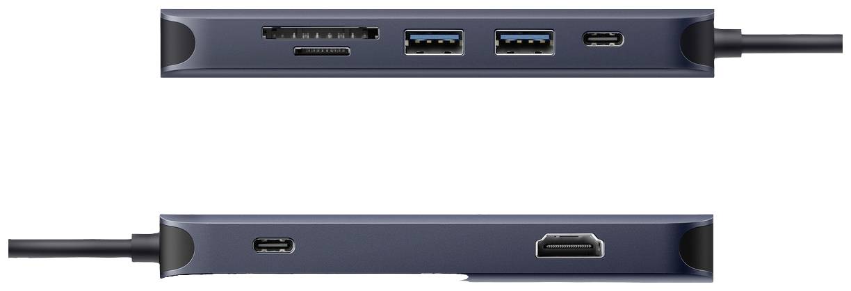 Ein USB-C-Hub mit verschiedenen Anschlüssen: Kartenleser, zwei USB-3.0-Anschlüsse, USB-C und HDMI, für erweiterte Konnektivität.