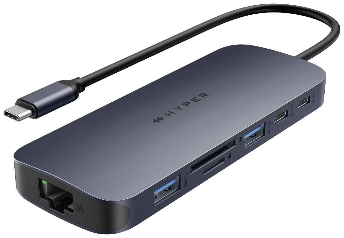 USB-C Hub mit mehreren Anschlüssen, darunter Ethernet, USB-A, HDMI und SD-Kartenleser, geeignet für Computererweiterung.