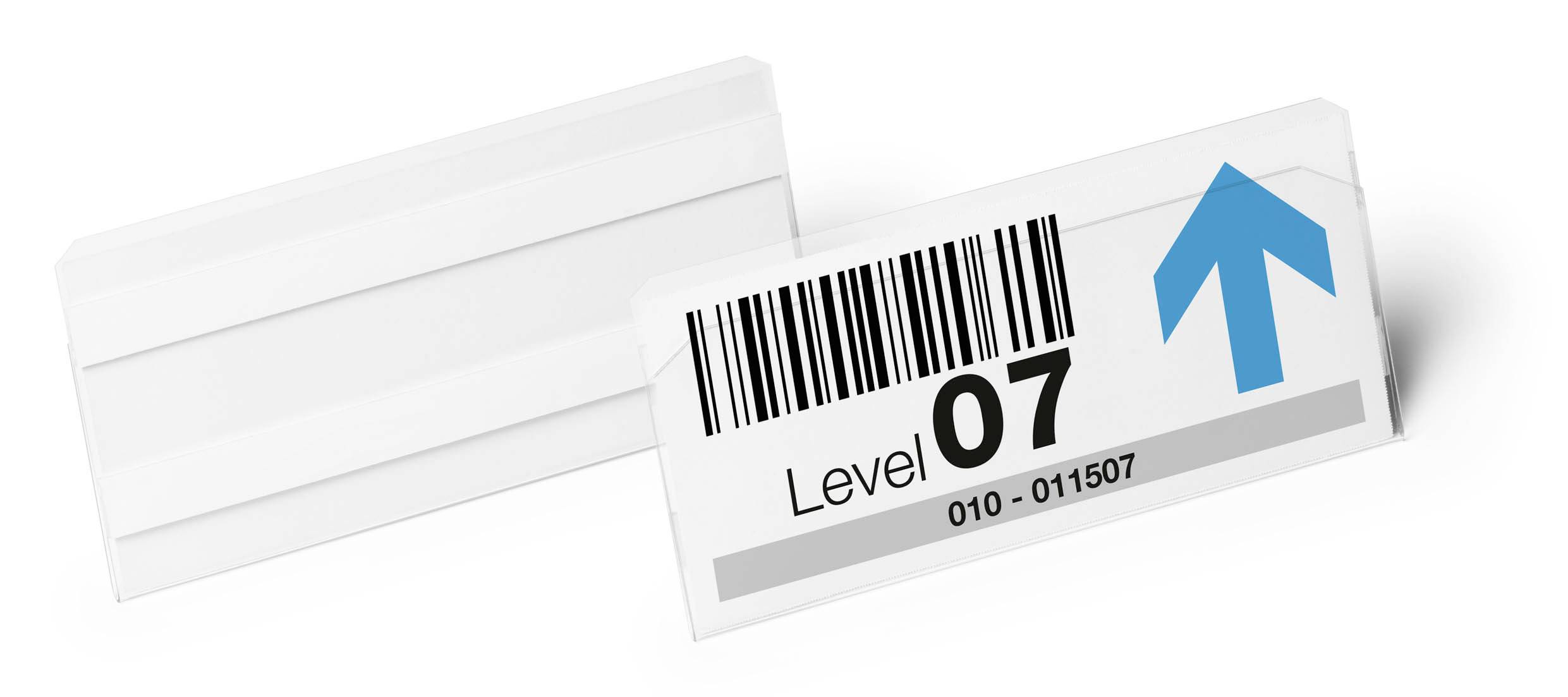 Ein Etikett mit der Aufschrift 'Level 07', einem Barcode und einer blauen Pfeilgrafik, die nach oben zeigt.