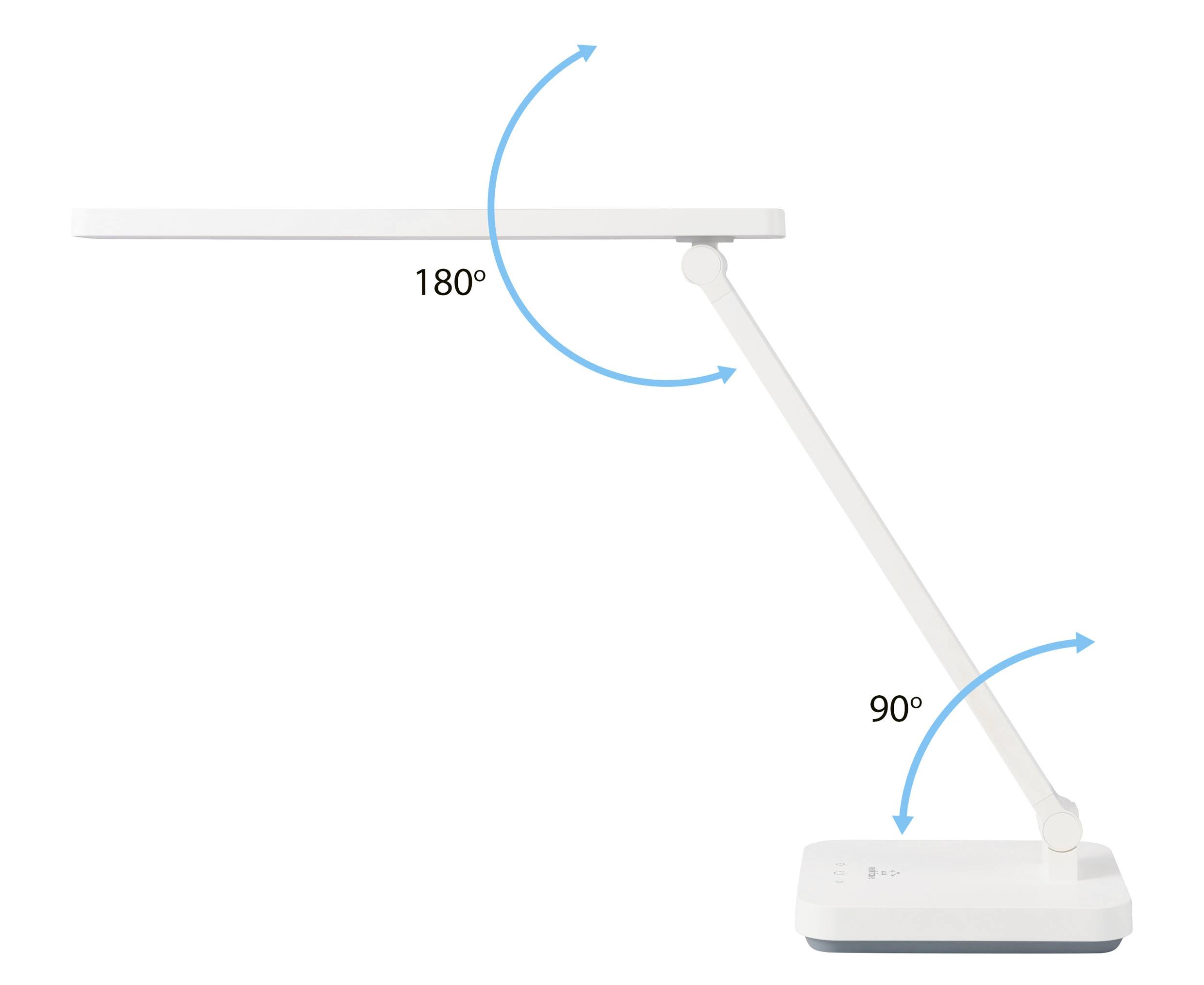Eine weiße Schreibtischlampe mit verstellbarem Arm. Der obere Teil kann um 180 Grad und der untere um 90 Grad bewegt werden.