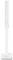 Weiße, schmale Tischlampe mit langem, vertikalem Leuchtarm und quadratischem Fuß. Minimalistisches Design, vertikal ausgerichtet.