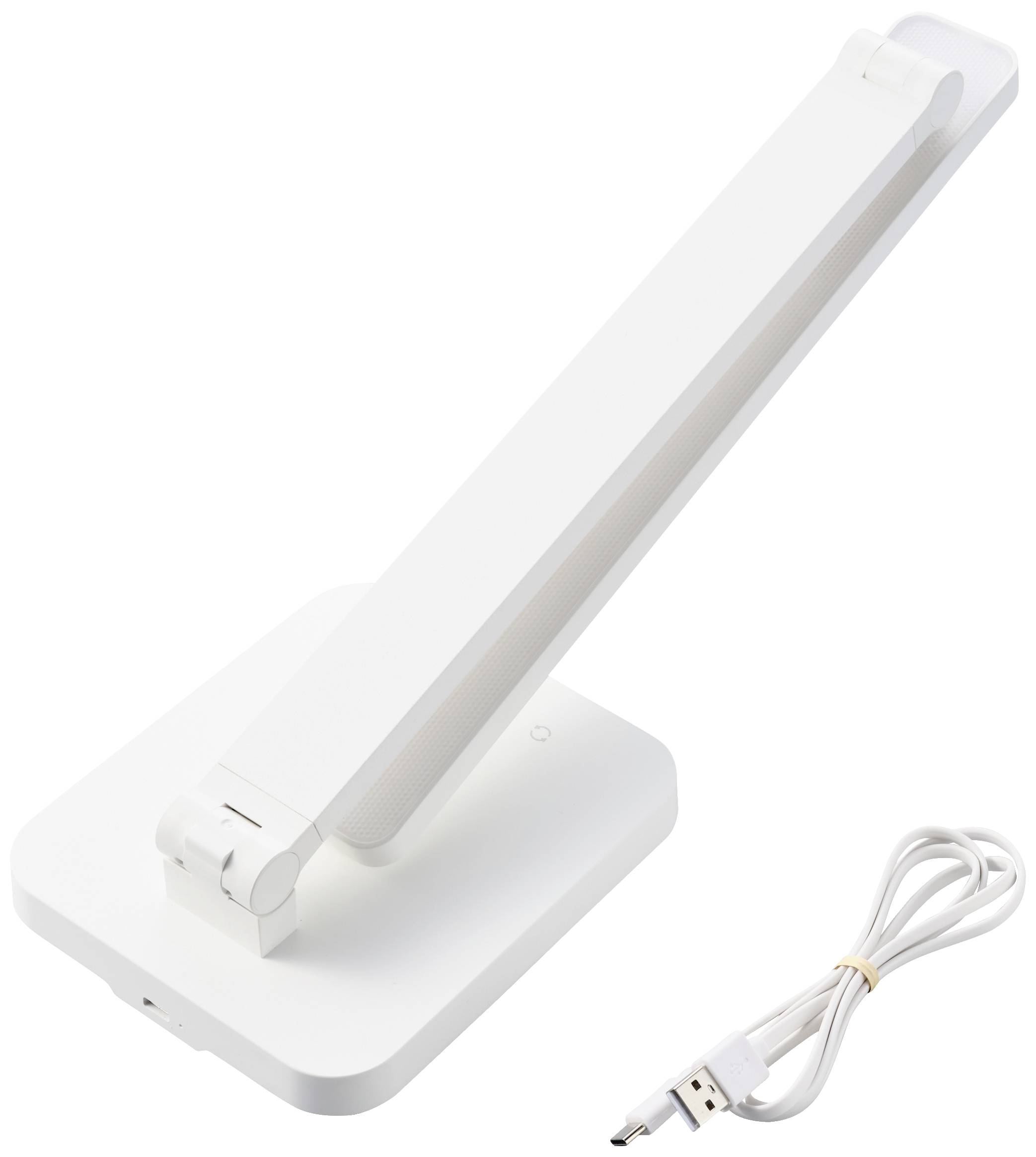 Weiße, faltbare LED-Tischlampe auf einem quadratischen Sockel mit einem danebenliegenden USB-Ladekabel.