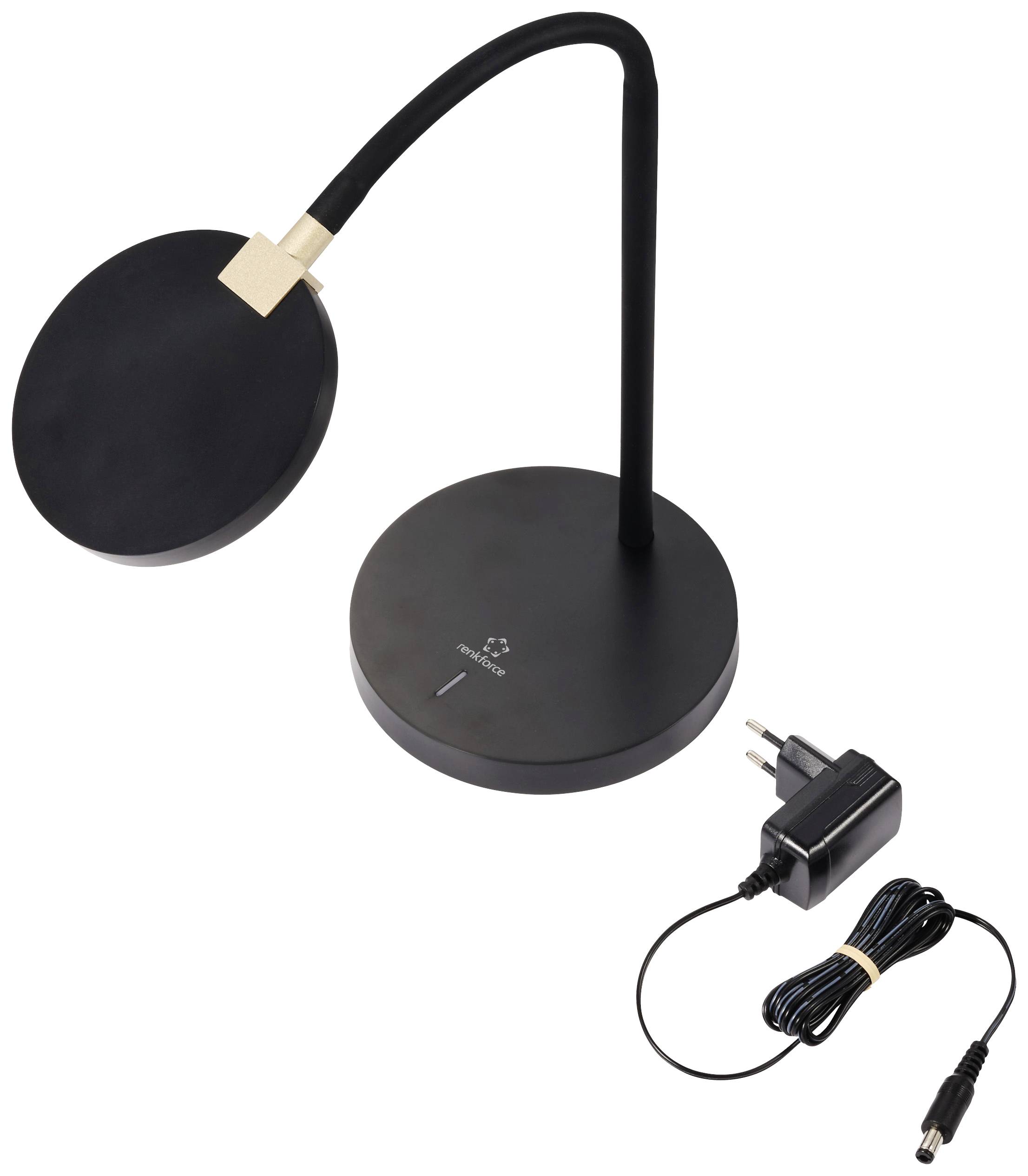 Schwarze Tischlampe mit flexiblem Hals und flachem runden Lampenschirm. Neben der Lampe liegt ein passendes Netzteil mit Kabel.