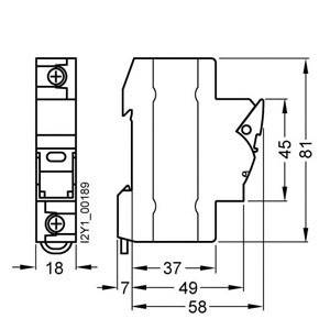 'Technische Zeichnung eines Gerätes mit Abmessungen: Breite 18mm, Höhe 81mm, Tiefe 58mm. Enthält Maßlinien und Details zur Form.'