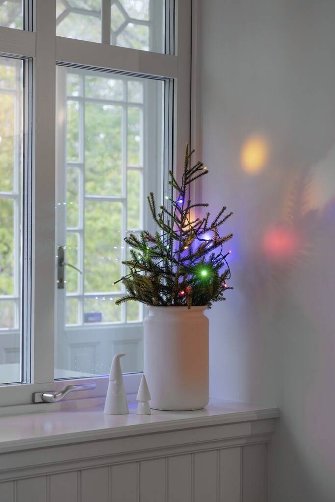 Kleiner Weihnachtsbaum mit bunten Lichtern in weißem Topf auf Fensterbank. Lichter spiegeln sich an der Wand.