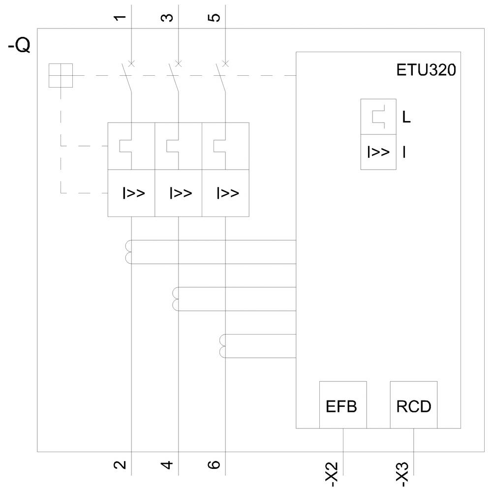 'Schaltschema eines Leistungsschalters mit ETU320. Zeigt Schütze 1 bis 3 und Anschlüsse X1, X2 und X3. Inklusive EFB und RCD Optionen.'