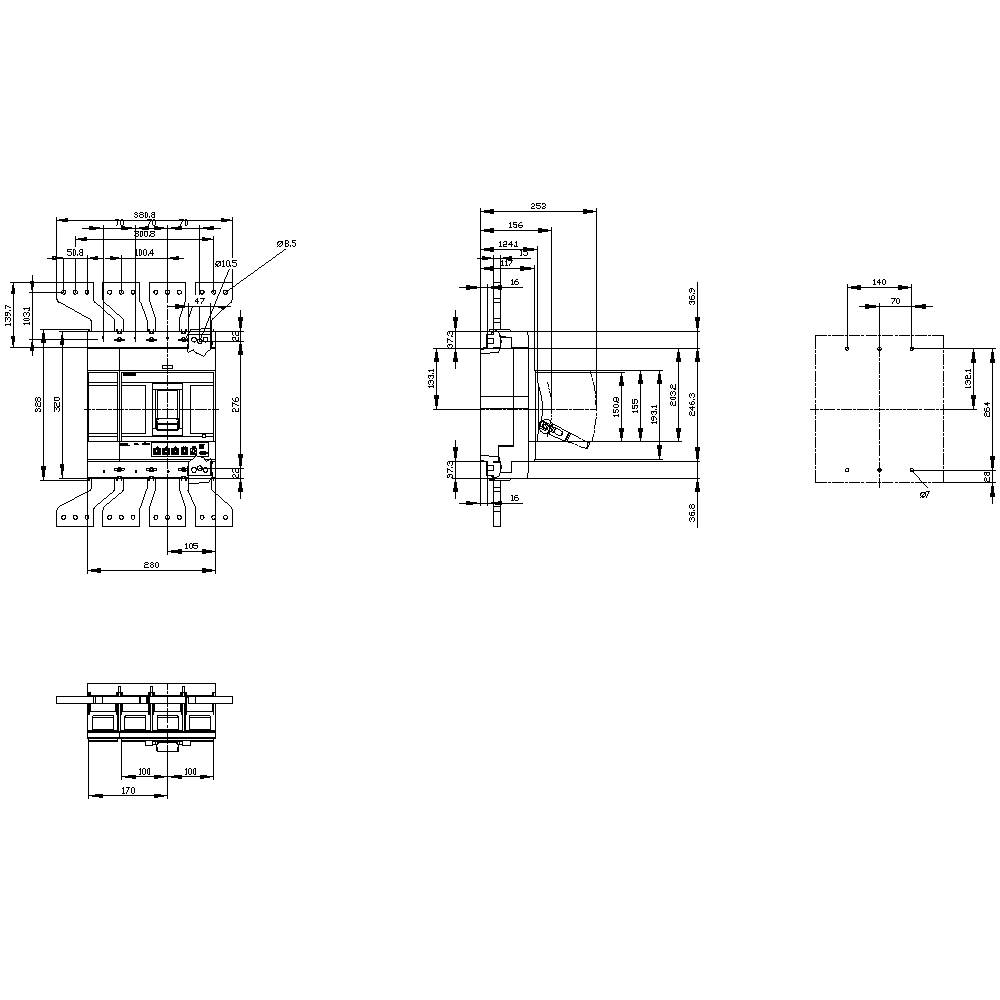 Technische Zeichnung: verschiedene Ansichten eines mechanischen Bauteils mit detaillierten Maßangaben und Anmerkungen.