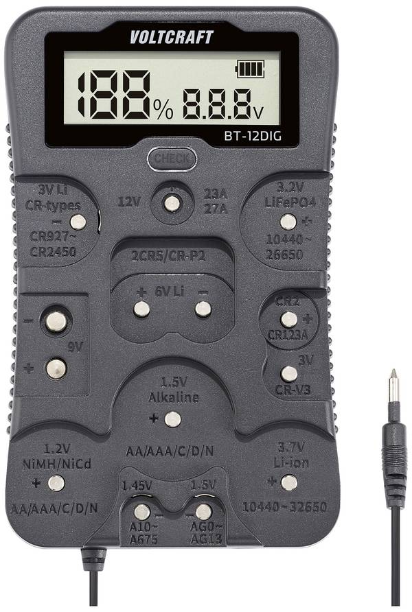VOLTCRAFT Batterietester BT-12DIG Messbereich (Batterietester) 1,2 V, 1,5 V, 3 V, 3,7 V, 6 V, 9 V, 12 V Batterie, Akku VC-14340820