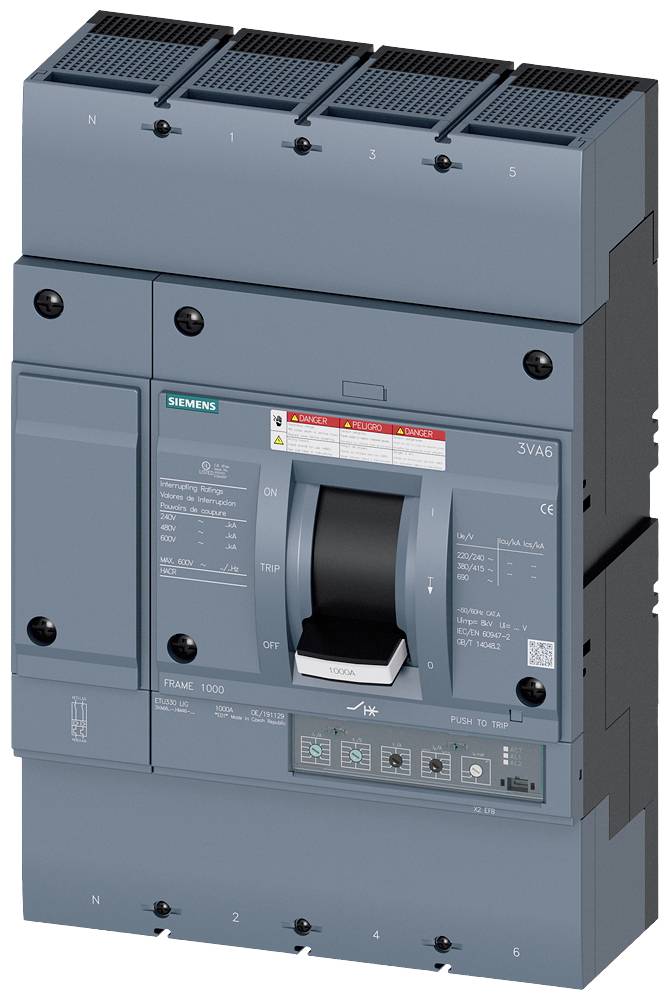 Leistungsschalter von Siemens mit einem großen Kippschalter in der Mitte, umgeben von technischer Beschriftung und Logos.