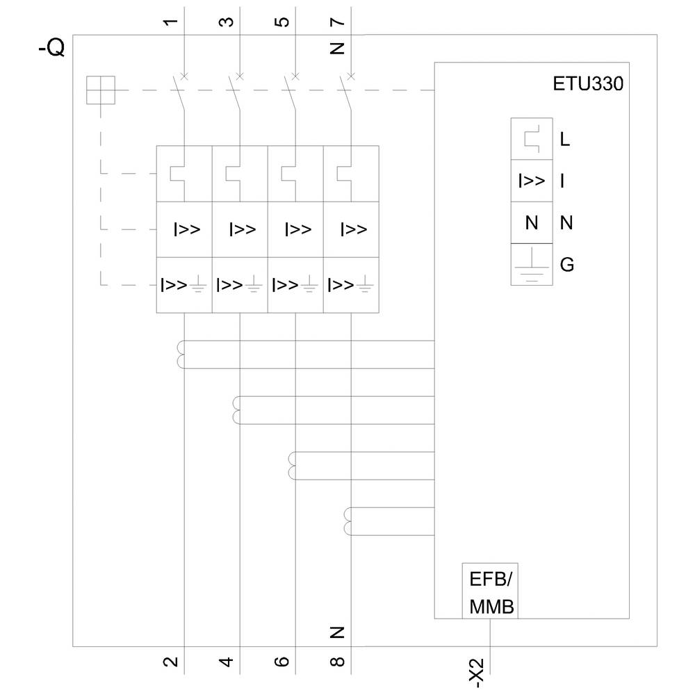Schaltplan einer elektrischen Einheit mit Beschriftungen: 'ETU330', 'L', 'I', 'N', 'G'. Zeigt Verbindungen und Schalterpositionen.